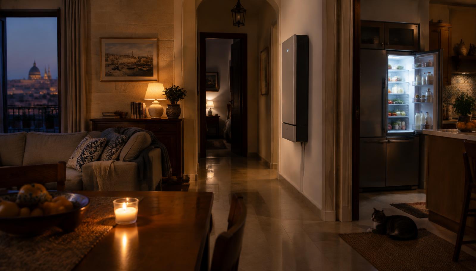 A Maltese home at dusk during a power cut with lights and a fridge still running beside a wall-mounted home battery