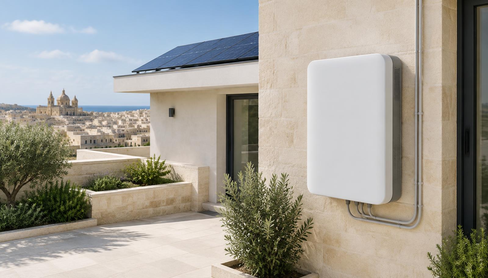 Illustrative unbranded home battery beside rooftop solar panels on a modern Maltese limestone home
